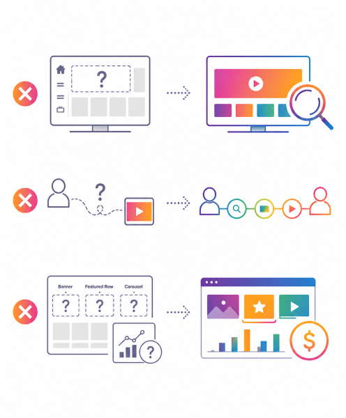 Before and after diagram showing unclear placements, unclear customer journeys and unclear merchandising resolved into measurable, optimised experiences